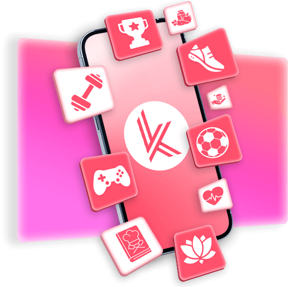 KineticMobi app on phone with floating category icons